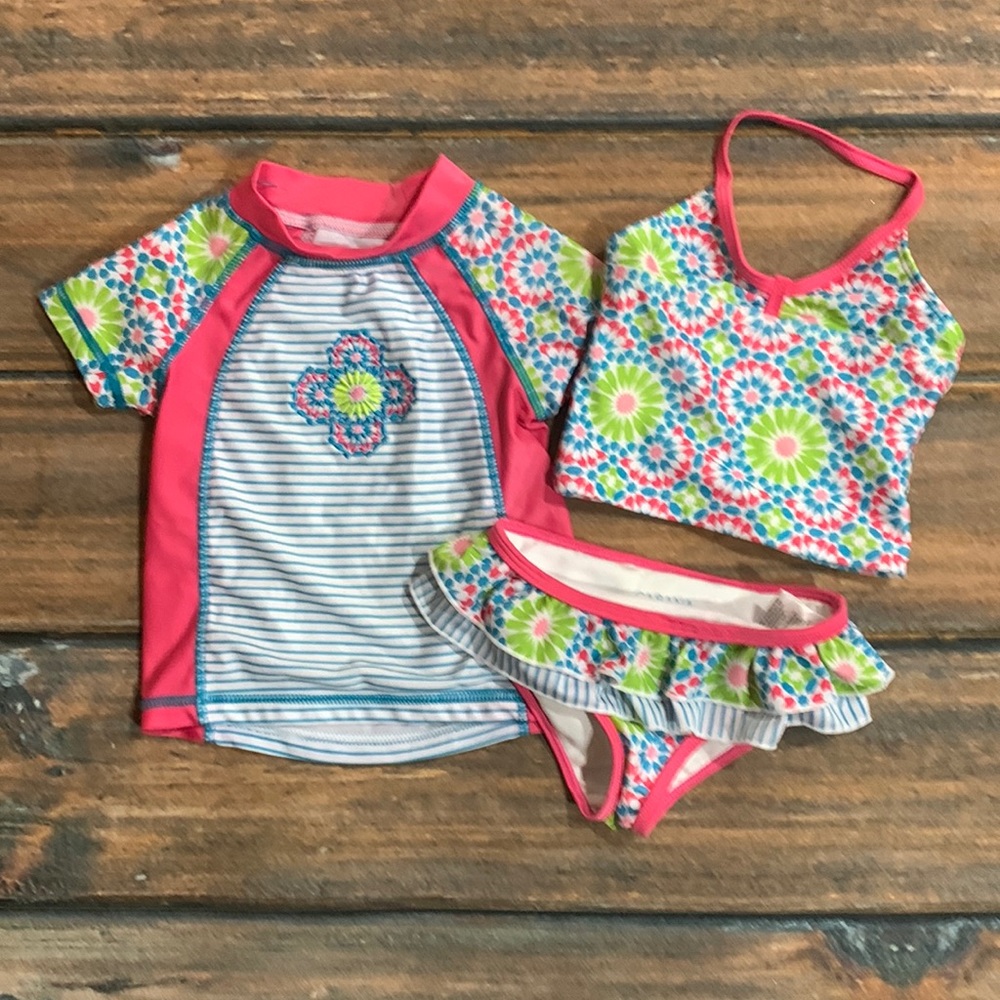 Cabana Beach Girls' 2T 2-Piece Floral/Striped Swimsuit & Cover Up Set